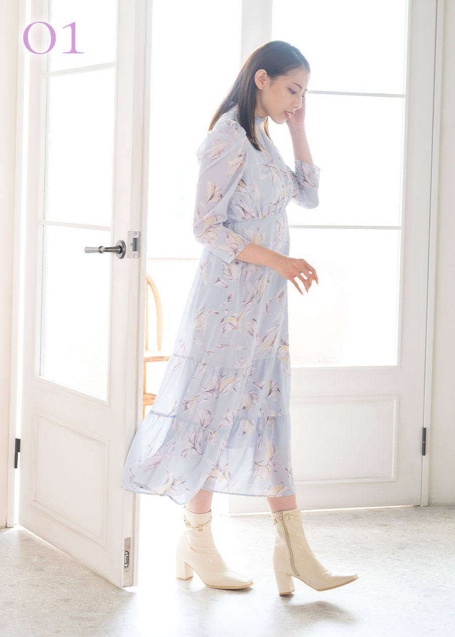 春らしいシアーなシフォン素材の温かみと優しさに溢れた配色のリリー柄。